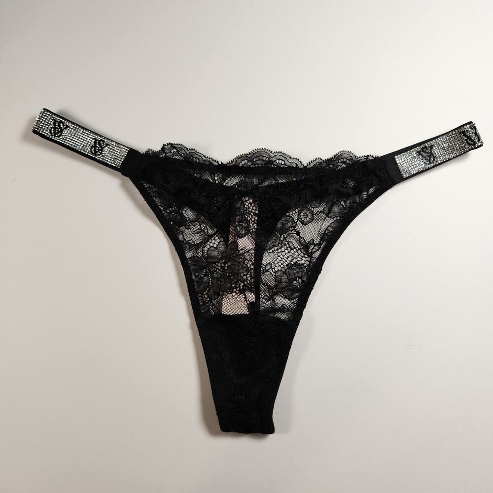 Victoria's Secret Very Sexy Black Lace Shine Strap Thong Panty - Medium